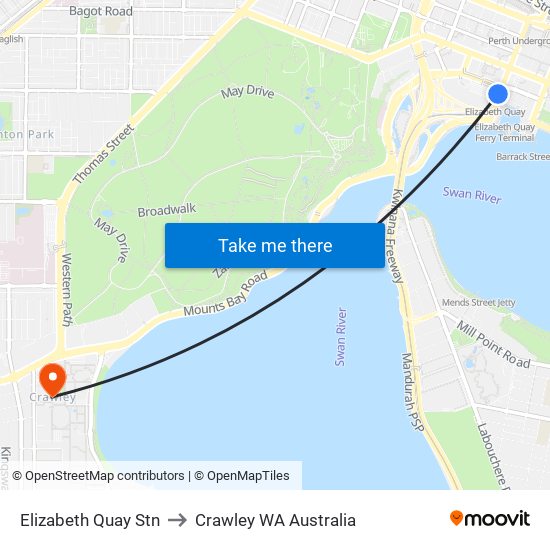 Elizabeth Quay Stn to Crawley WA Australia map