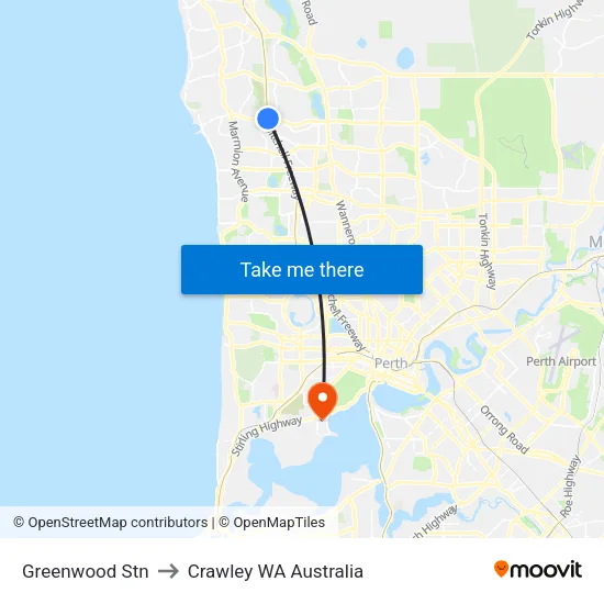 Greenwood Stn to Crawley WA Australia map