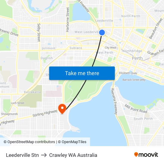 Leederville Stn to Crawley WA Australia map