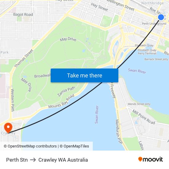 Perth Stn to Crawley WA Australia map