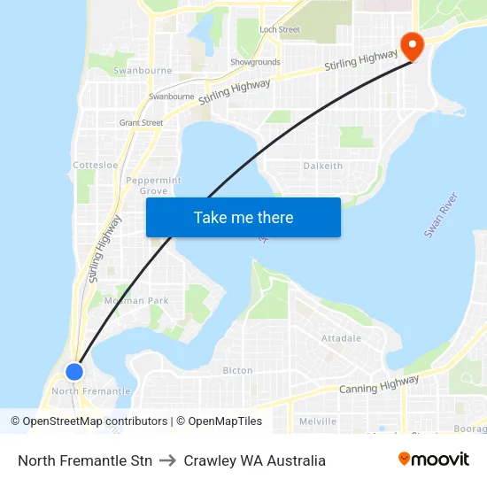 North Fremantle Stn to Crawley WA Australia map