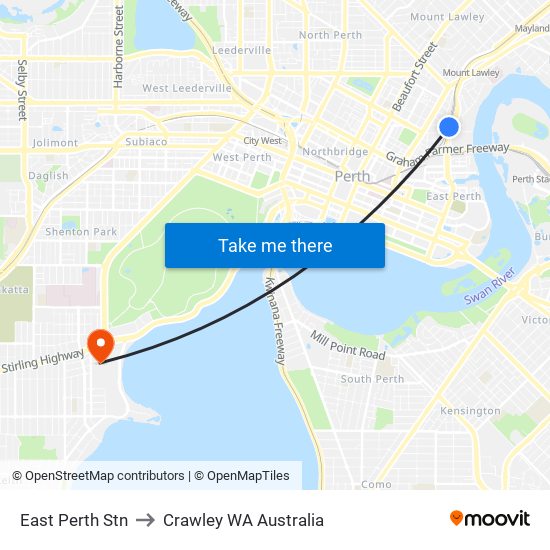 East Perth Stn to Crawley WA Australia map