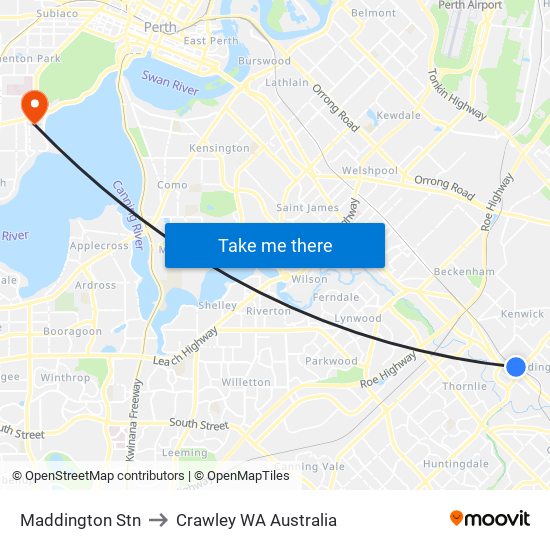 Maddington Stn to Crawley WA Australia map