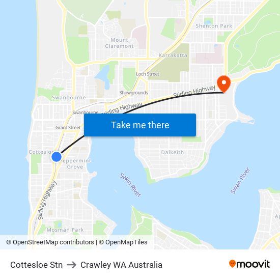 Cottesloe Stn to Crawley WA Australia map