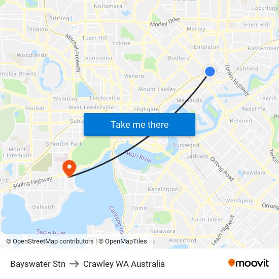 Bayswater Stn to Crawley WA Australia map