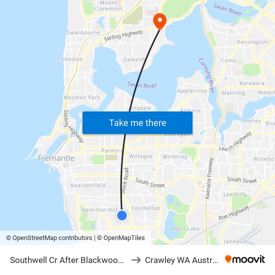 Southwell Cr After Blackwood Av to Crawley WA Australia map