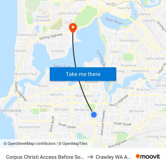 Corpus Christi Access Before Somerville Bvd to Crawley WA Australia map