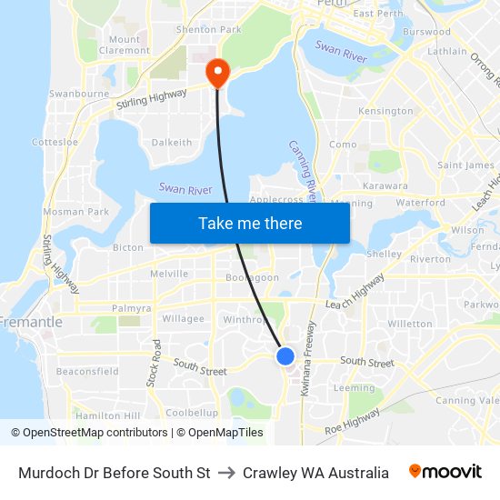 Murdoch Dr Before South St to Crawley WA Australia map