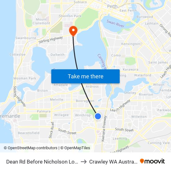 Dean Rd Before Nicholson Loop to Crawley WA Australia map