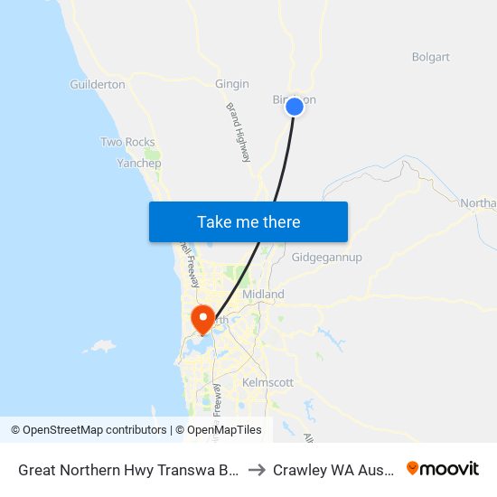 Great Northern Hwy Transwa Bindoon to Crawley WA Australia map