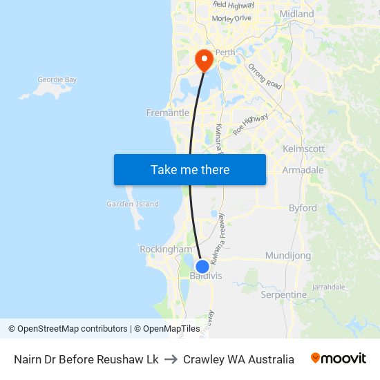 Nairn Dr Before Reushaw Lk to Crawley WA Australia map