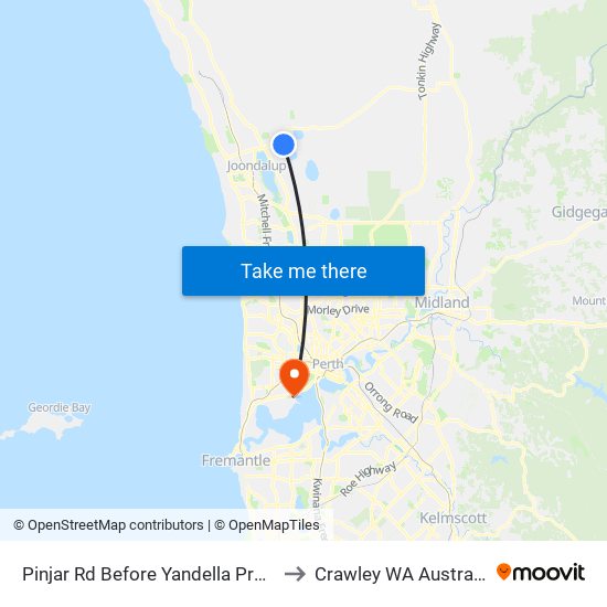 Pinjar Rd Before Yandella Prom to Crawley WA Australia map