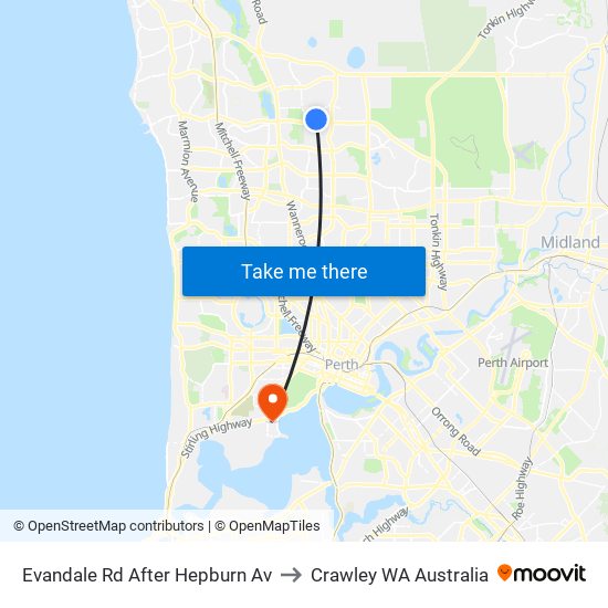 Evandale Rd After Hepburn Av to Crawley WA Australia map