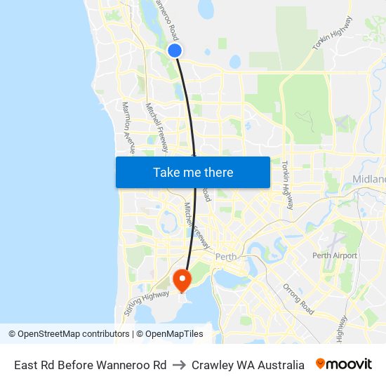 East Rd Before Wanneroo Rd to Crawley WA Australia map