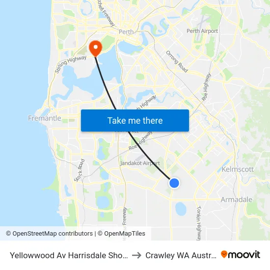Yellowwood Av Harrisdale Shop Ctr to Crawley WA Australia map