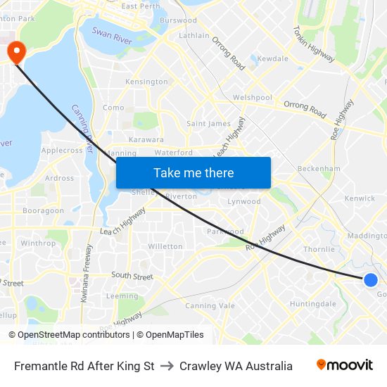 Fremantle Rd After King St to Crawley WA Australia map