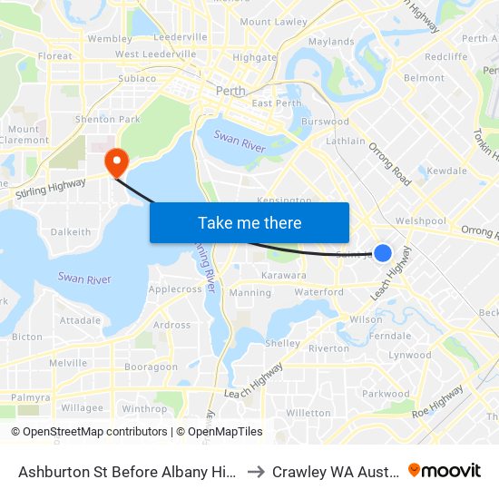Ashburton St Before Albany Highway to Crawley WA Australia map