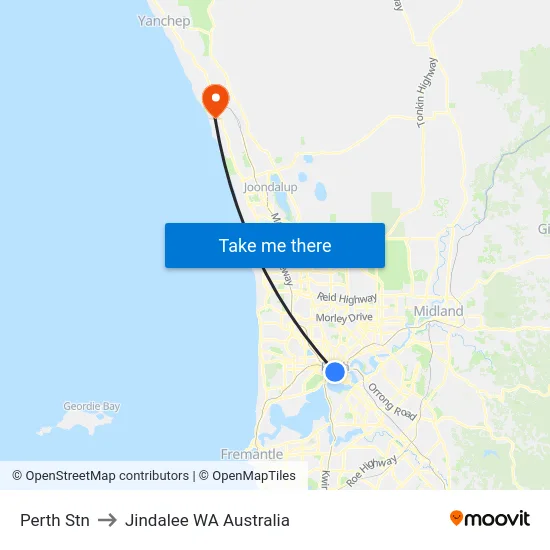 Perth Stn to Jindalee WA Australia map
