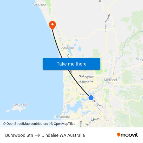 Burswood Stn to Jindalee WA Australia map