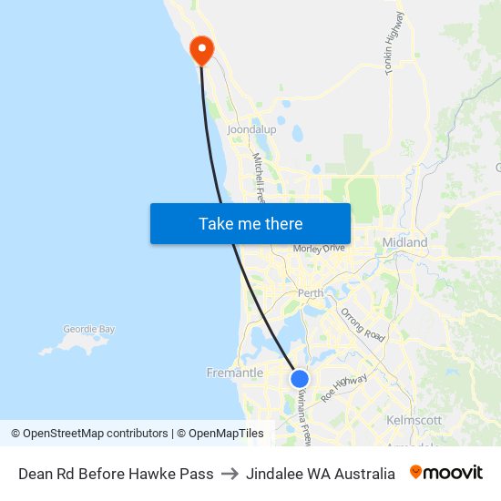 Dean Rd Before Hawke Pass to Jindalee WA Australia map