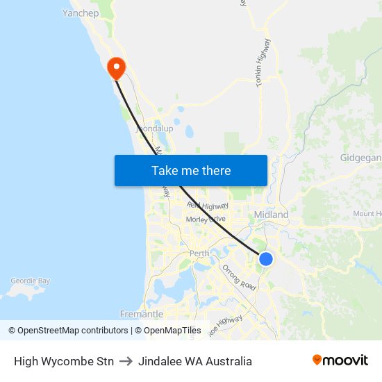 High Wycombe Stn to Jindalee WA Australia map