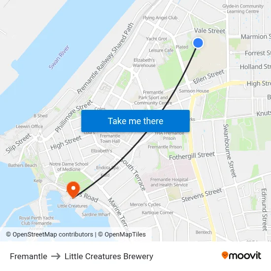 Fremantle to Little Creatures Brewery map