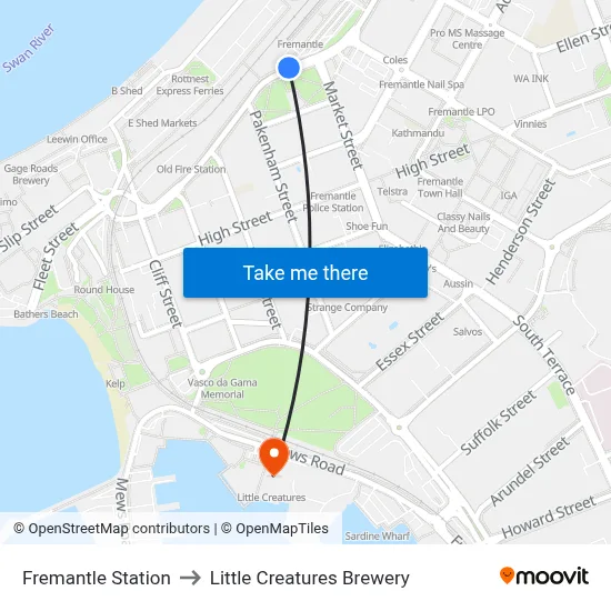 Fremantle Station to Little Creatures Brewery map