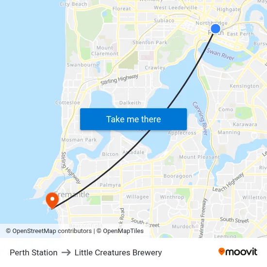 Perth Station to Little Creatures Brewery map