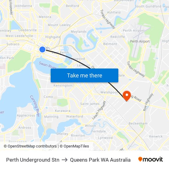 Perth Underground Stn to Queens Park WA Australia map