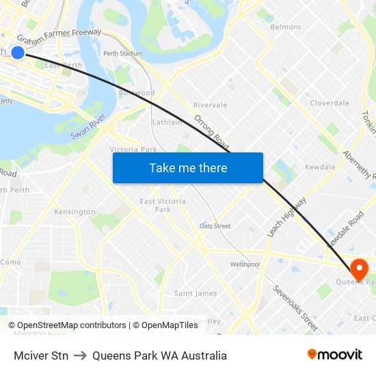 Mciver Stn to Queens Park WA Australia map