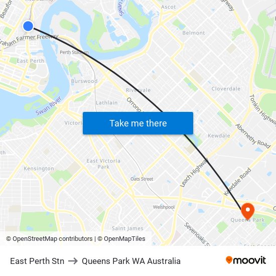 East Perth Stn to Queens Park WA Australia map