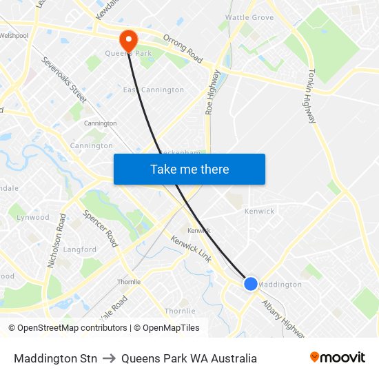 Maddington Stn to Queens Park WA Australia map