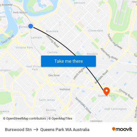 Burswood Stn to Queens Park WA Australia map