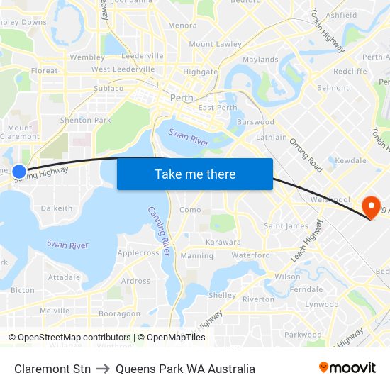 Claremont Stn to Queens Park WA Australia map