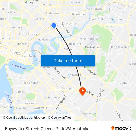 Bayswater Stn to Queens Park WA Australia map