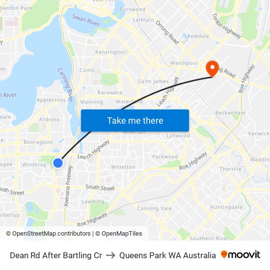 Dean Rd After Bartling Cr to Queens Park WA Australia map