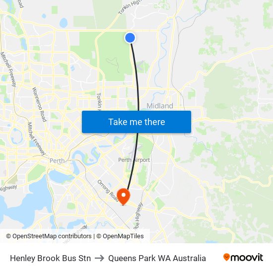 Henley Brook Bus Stn to Queens Park WA Australia map