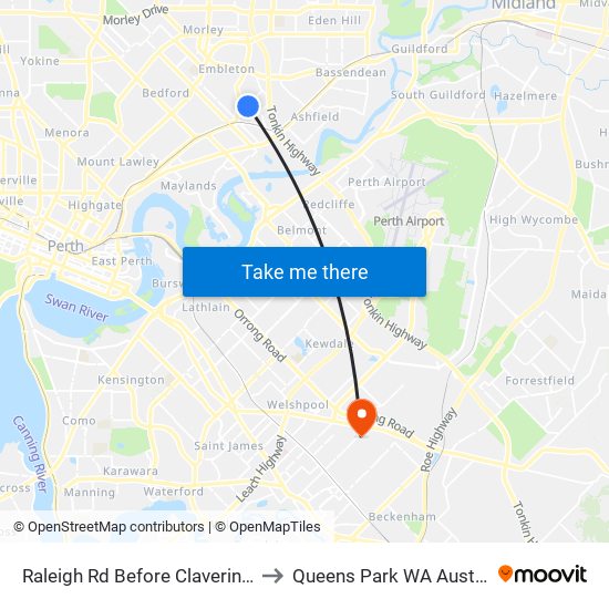 Raleigh Rd Before Clavering Rd to Queens Park WA Australia map