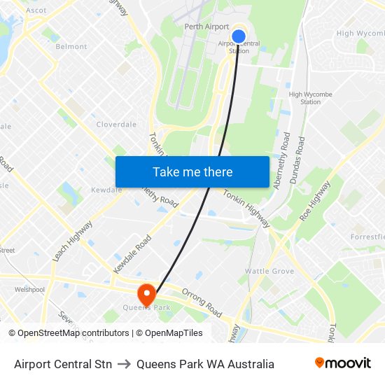 Airport Central Stn to Queens Park WA Australia map