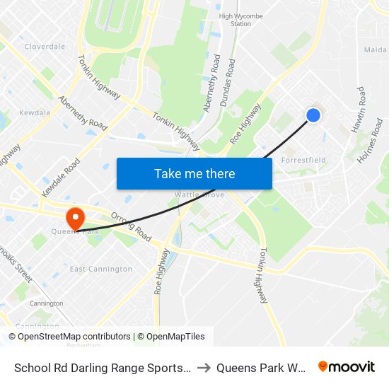 School Rd Darling Range Sports College Stand 2 to Queens Park WA Australia map