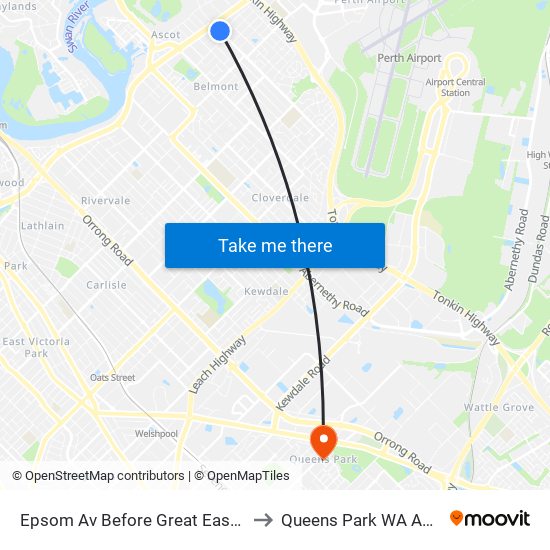 Epsom Av Before Great Eastern Hwy to Queens Park WA Australia map