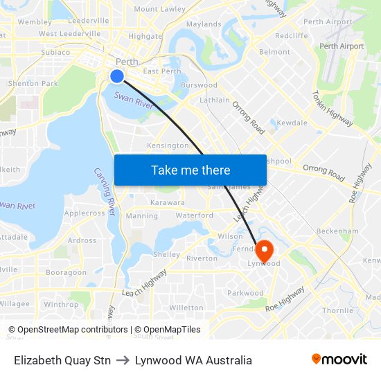 Elizabeth Quay Stn to Lynwood WA Australia map