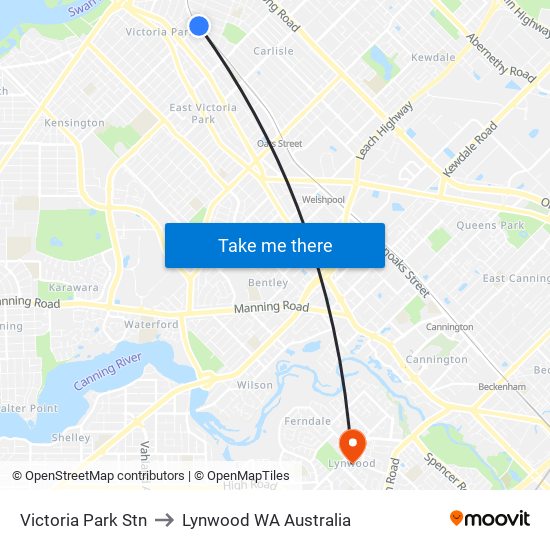 Victoria Park Stn to Lynwood WA Australia map