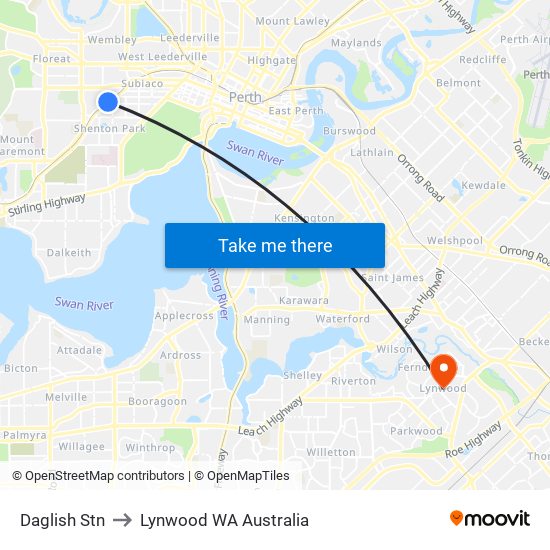 Daglish Stn to Lynwood WA Australia map