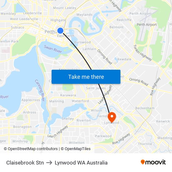 Claisebrook Stn to Lynwood WA Australia map