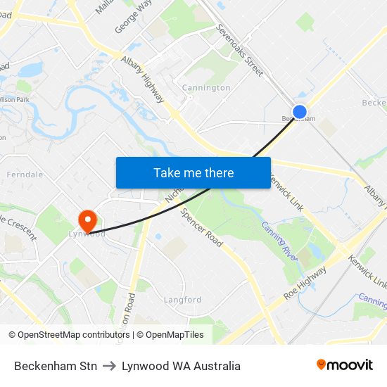 Beckenham Stn to Lynwood WA Australia map