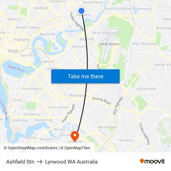 Ashfield Stn to Lynwood WA Australia map