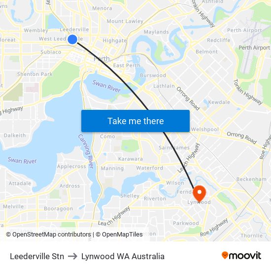 Leederville Stn to Lynwood WA Australia map