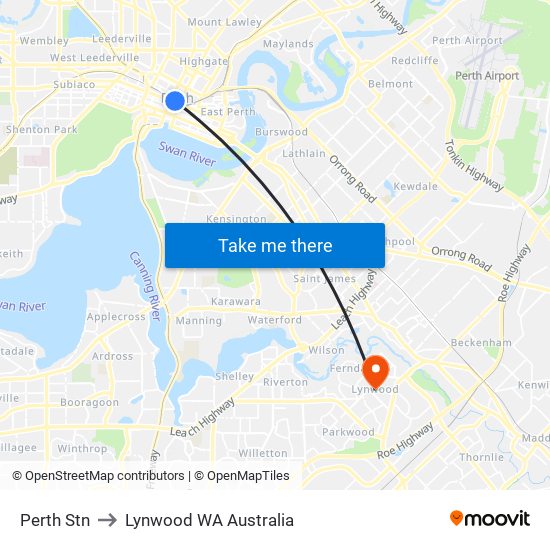 Perth Stn to Lynwood WA Australia map