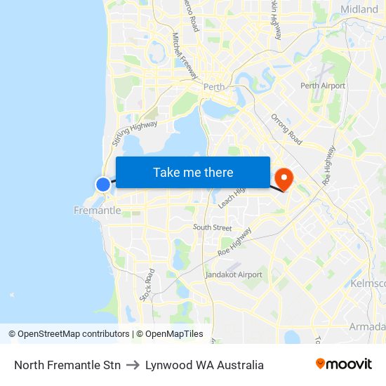 North Fremantle Stn to Lynwood WA Australia map